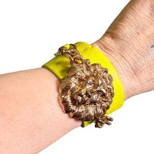 Vintage 80s Neon Lime Green Leather Lion Head Cuff Bracelet Gold Tone Wide Wrap